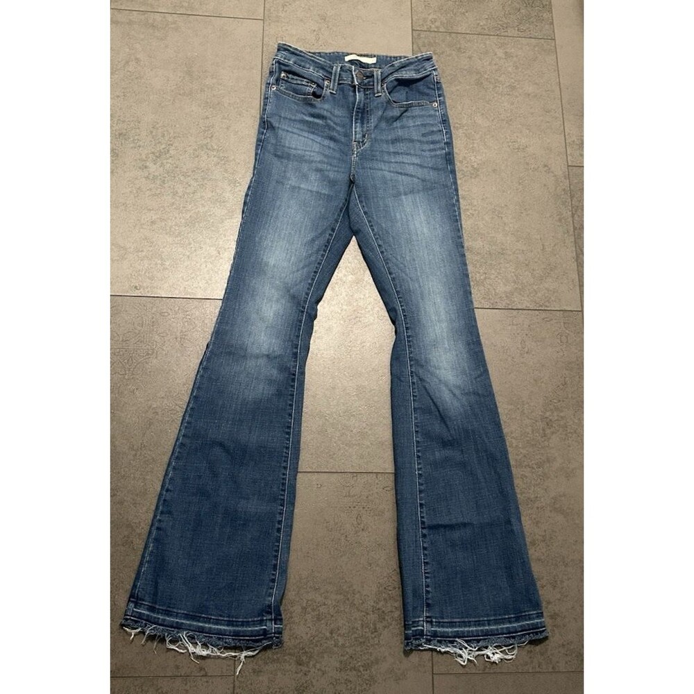 Levi's 726 Flare mid Rise Distressed Dark Wash Denim Jeans 27x34 retro hippie